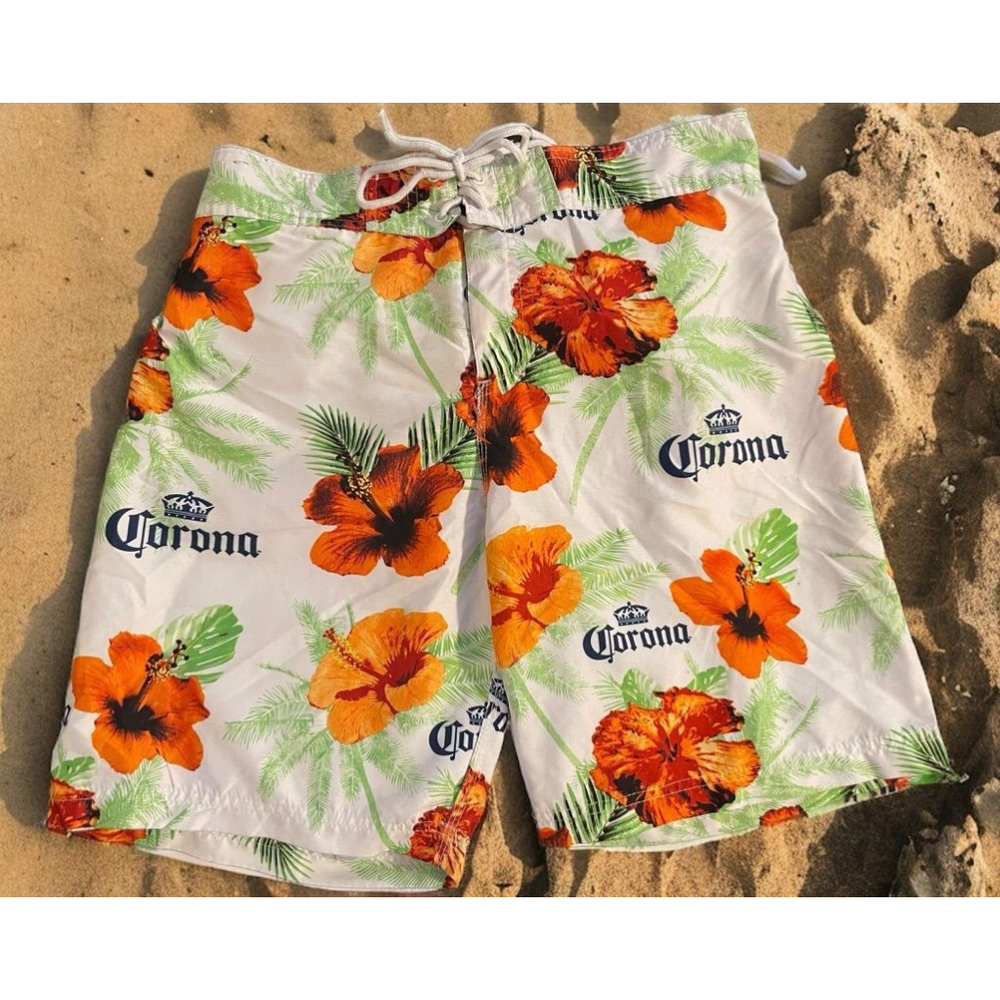 Men's Corona Swim Trunks Size M White with Orange Hibiscus Flowers